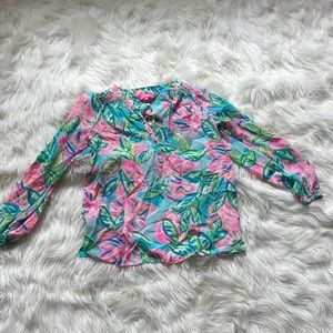 Lilly Pulitzer Elsa Silk Top Pink, Green, Blue Blouse With Gold Buttons Size XS
